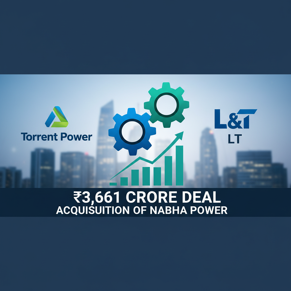 A professional graphic representing a power sector acquisition deal with company logos and growth charts.