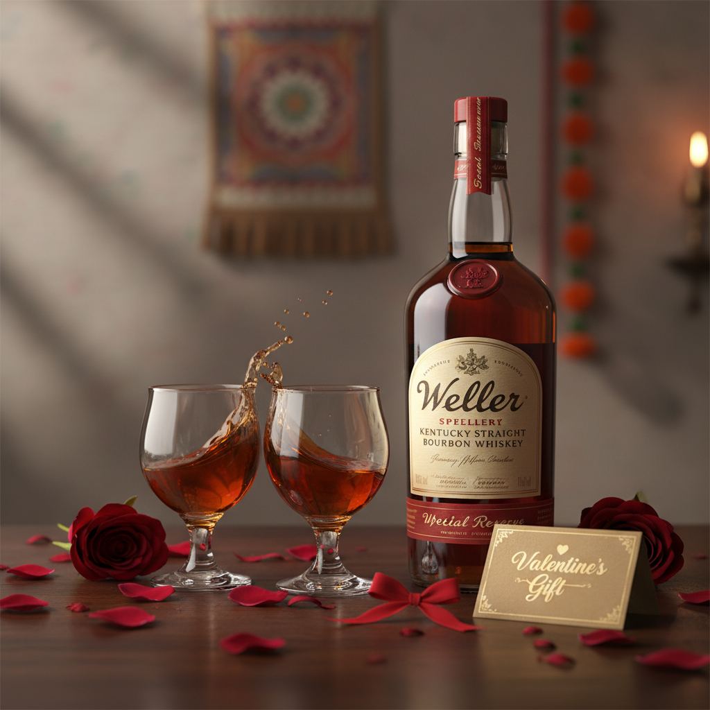 A bottle of Weller Bourbon with two glasses, roses, and a "Valentine's Gift" card, set in a warm, romantic Indian-inspired ambiance.