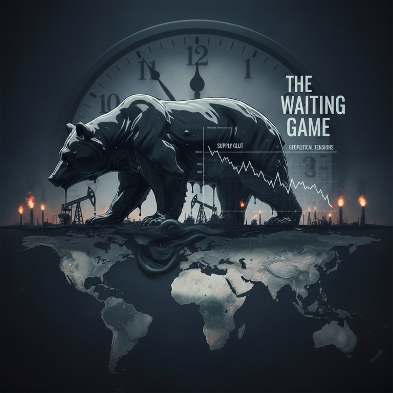 A powerful visual representing a bearish oil market, featuring a large black bear made of oil atop a world map with oil rigs.