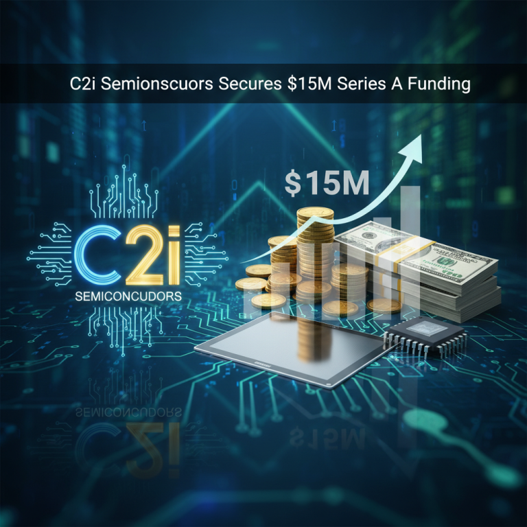 A visual representing C2i Semiconductors' $15M Series A funding round, showing a circuit board, money, and an upward trend.