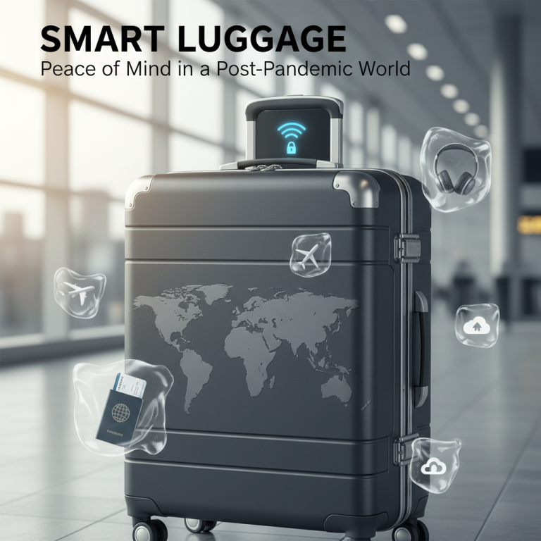 A black smart suitcase with a world map design, glowing lock icon, and travel-related bubbles.