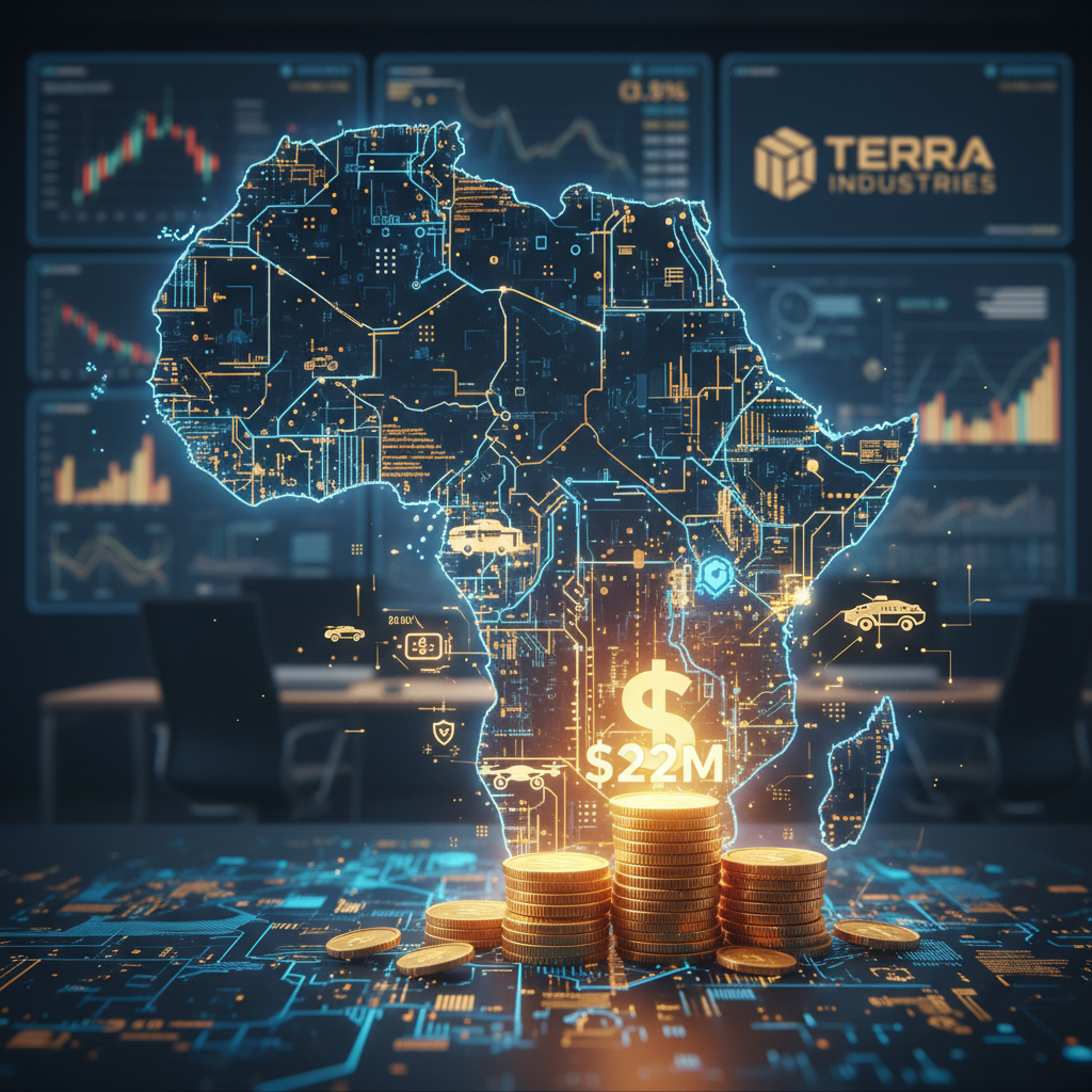A digital map of Africa with glowing circuits, superimposed over stacks of coins, and a company logo.