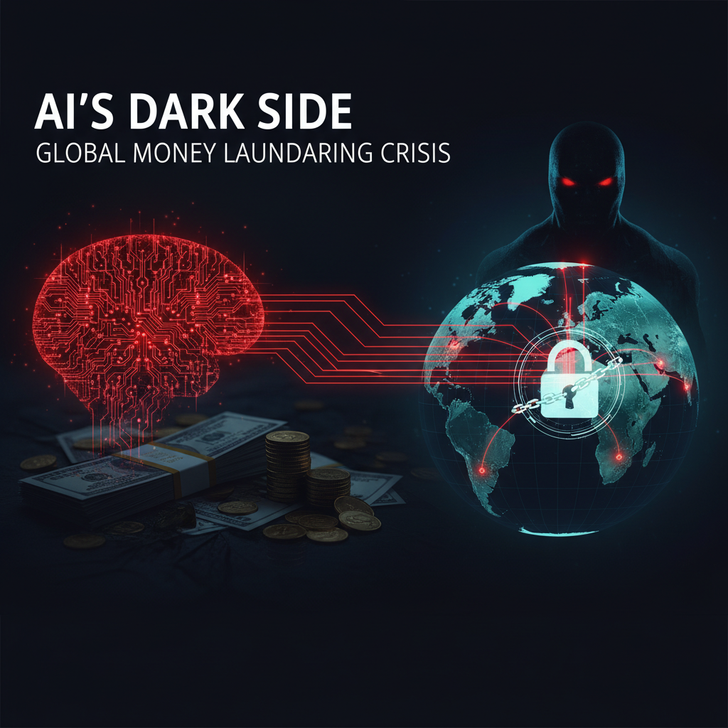 A dark, ominous figure representing AI oversees a digital globe locked by a chain, with money stacks and a circuit board brain.
