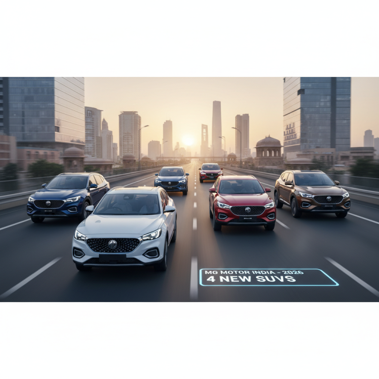 A fleet of five modern MG SUVs, including various models and colors, driving on a highway at sunset.
