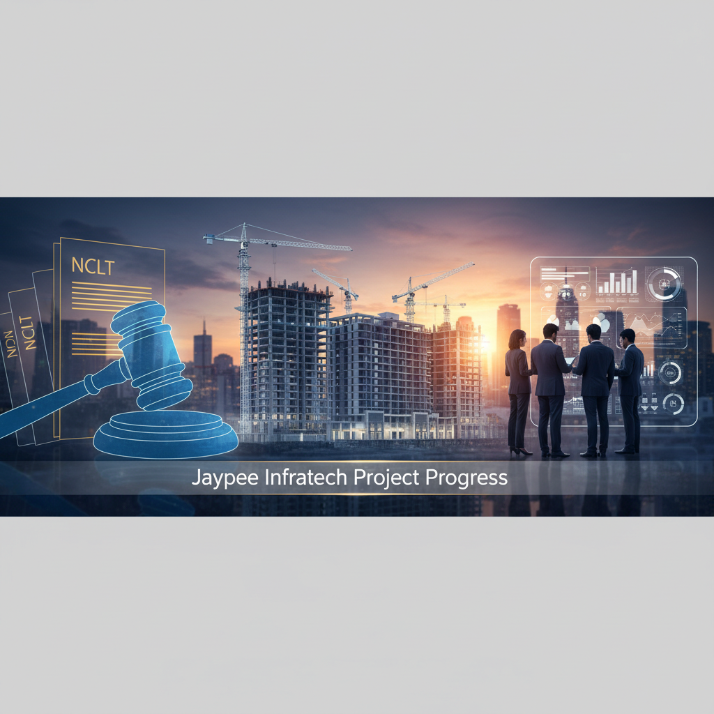 Business professionals review construction progress with NCLT legal overlay.