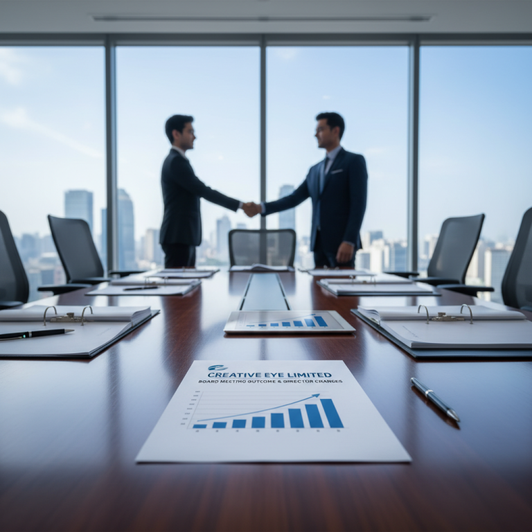 Two businessmen shake hands in a modern boardroom with a city view. Documents on the table show company report.
