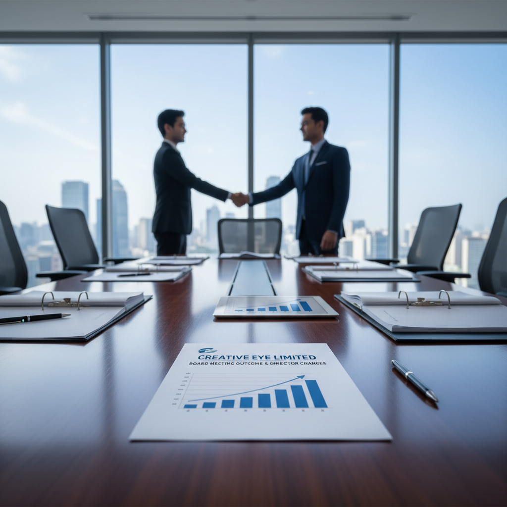 Two businessmen shake hands in a modern boardroom with a city view. Documents on the table show company report.