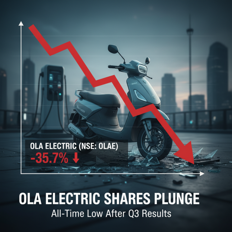 A declining stock graph with a broken electric scooter and charger, representing Ola Electric's share plunge.