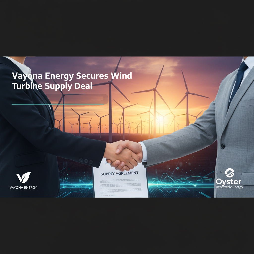 Two business people shaking hands in front of a wind farm at sunset, with a supply agreement document.