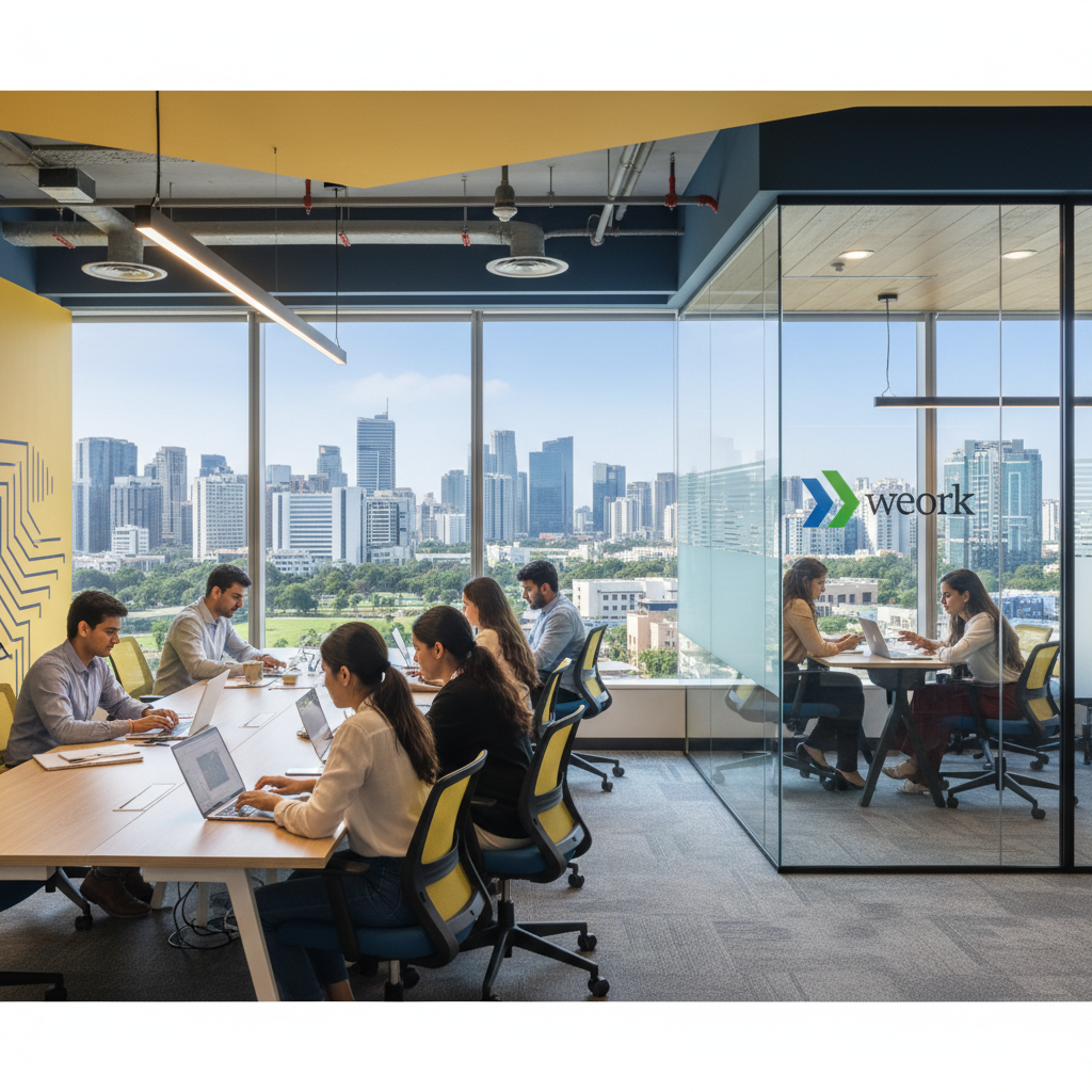 Professionals working in a modern, sunlit co-working space with a city skyline view in Gurugram, India.