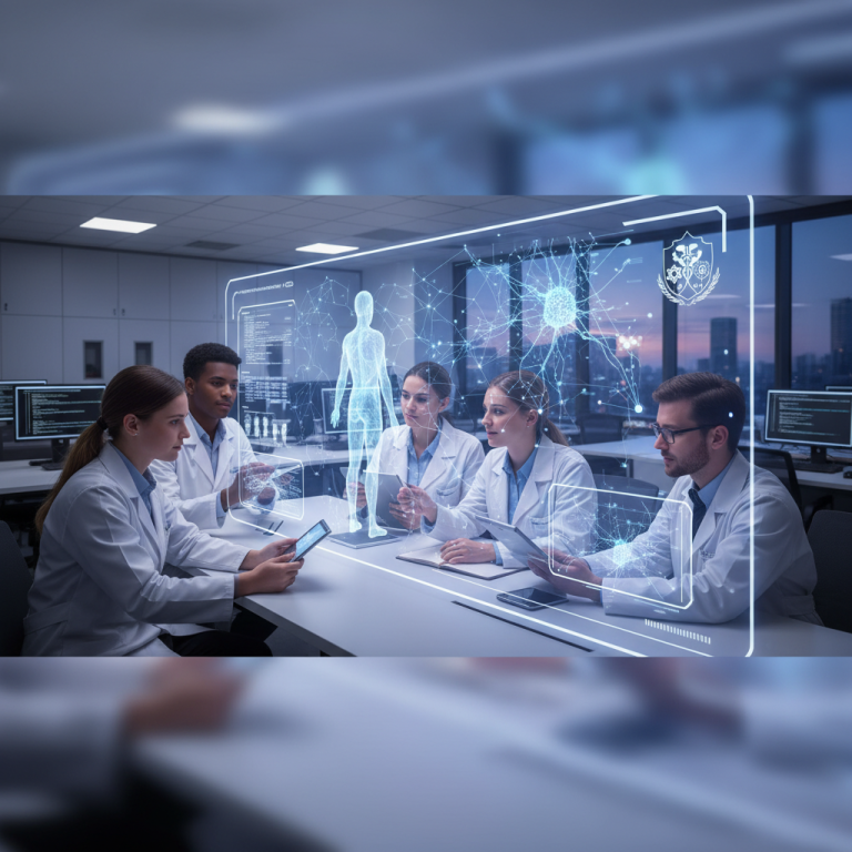 ** Five diverse medical students in lab coats discuss a glowing human anatomy hologram in a modern classroom.