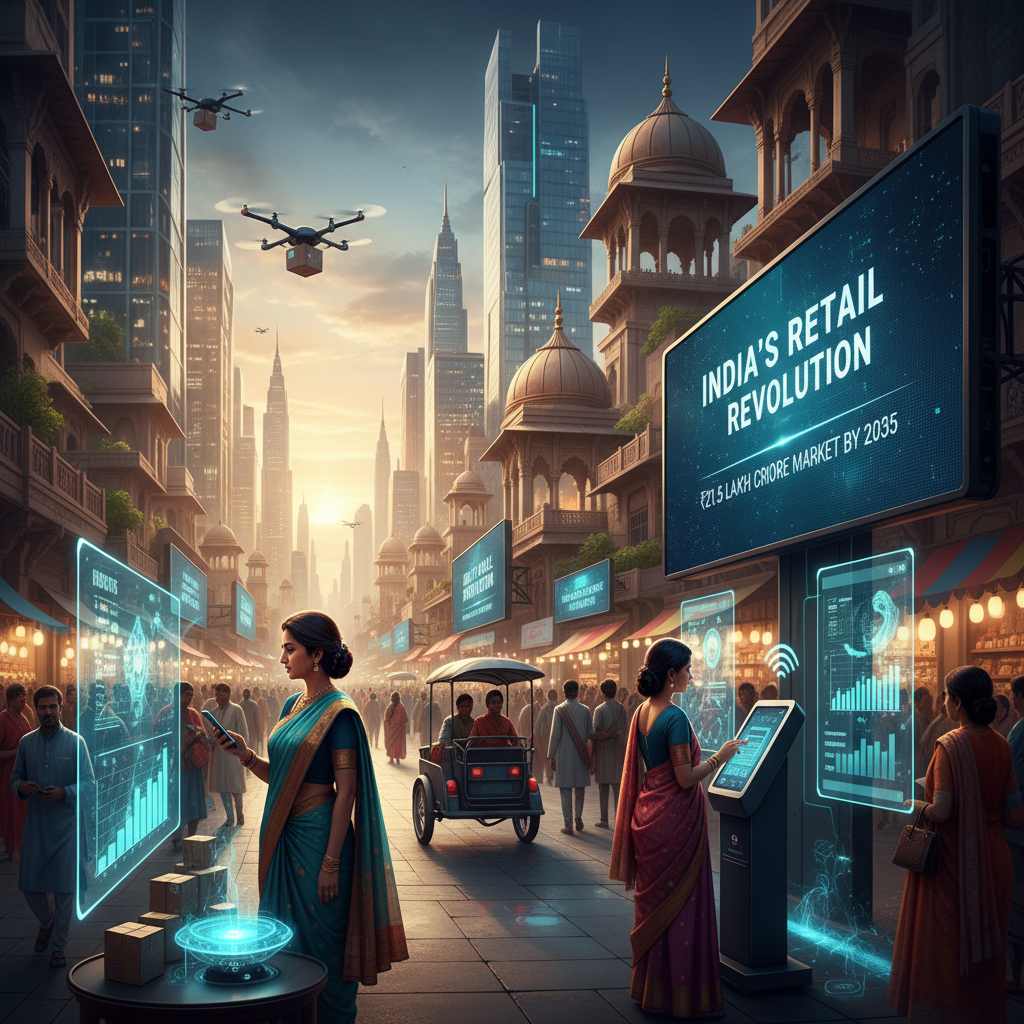 A vibrant street scene in India blending traditional architecture with modern technology and digital retail displays.