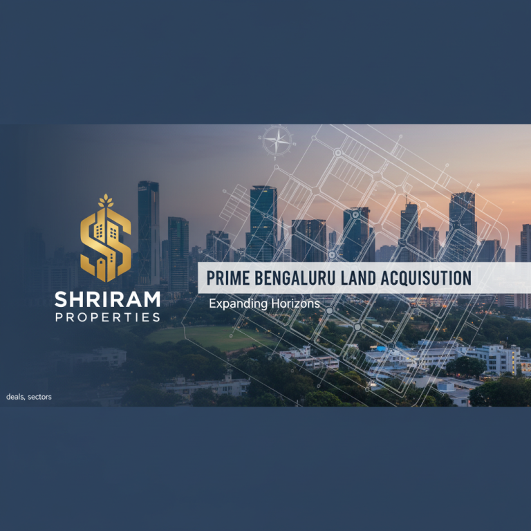 Shriram Properties logo against Bengaluru skyline with architectural overlay, symbolizing real estate expansion.