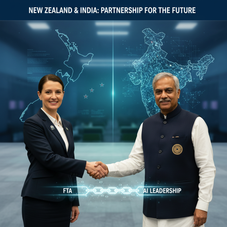 Two diplomats shaking hands in front of a digital map showing New Zealand and India, with "FTA" and "AI Leadership" connected by a chain.