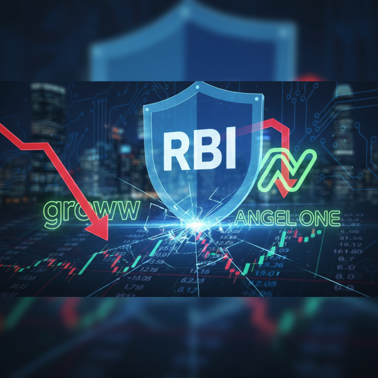 A shield with 'RBI' on it shatters, impacting stock charts for Groww and Angel One, showing a downward trend.