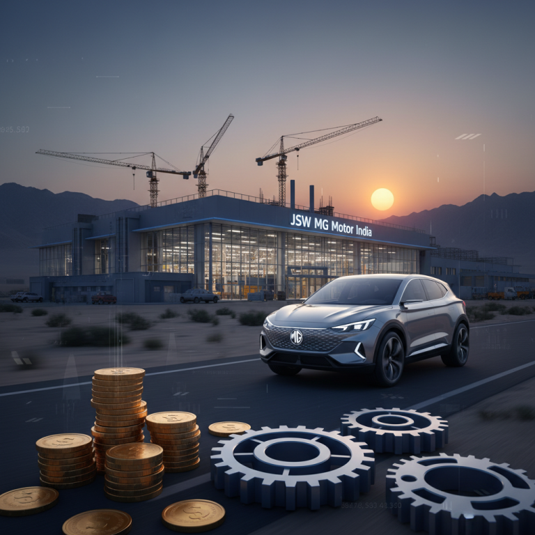 A modern car driving towards a factory at sunset with stacks of coins and gears in the foreground.