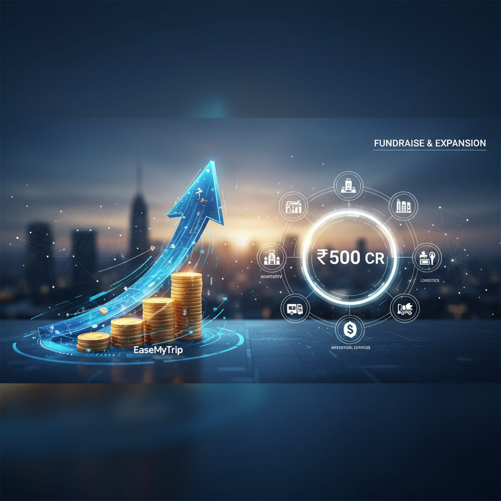 A digital illustration showing a rising arrow and stacked coins, representing growth, with icons for business segments and "₹500 CR" at the center.