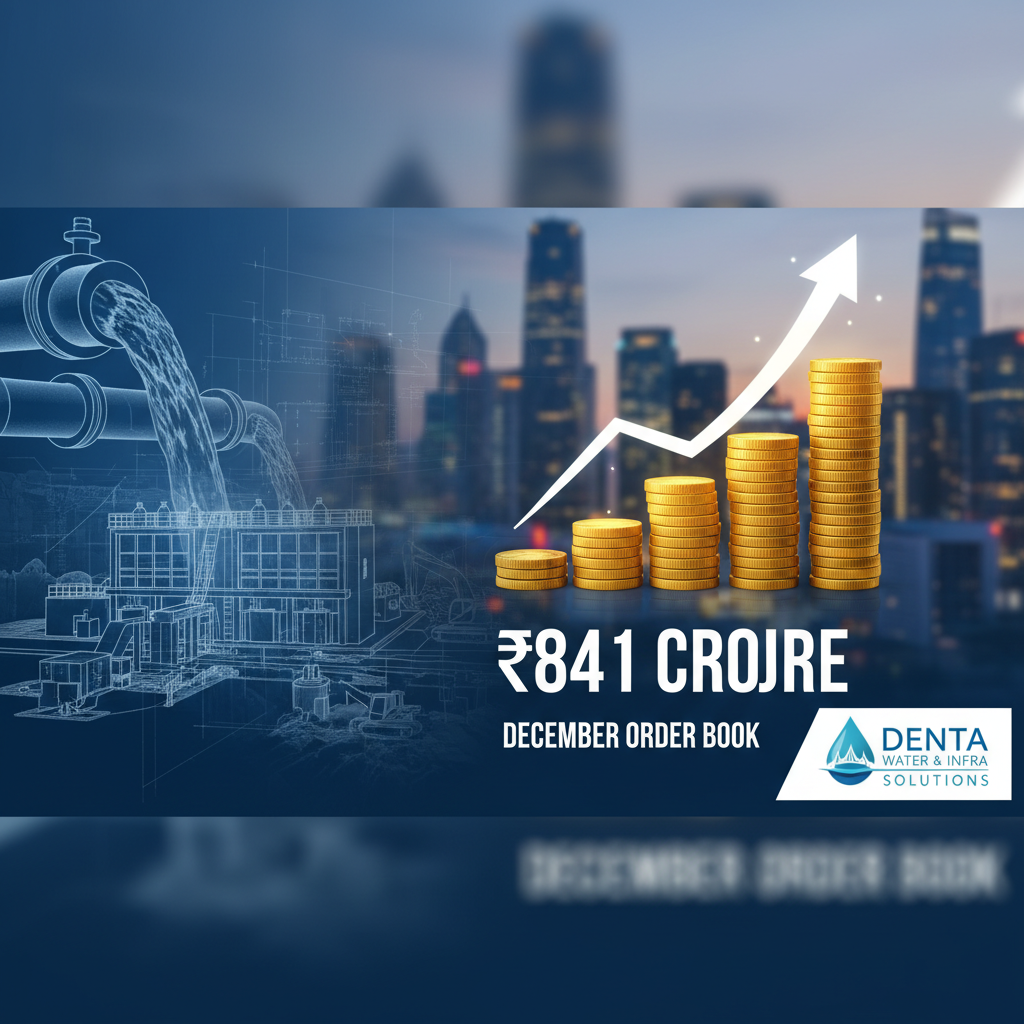 A professional graphic showing water infrastructure blueprints, stacked gold coins, an upward arrow, and the text "₹841 CRORE DECEMBER ORDER BOOK"