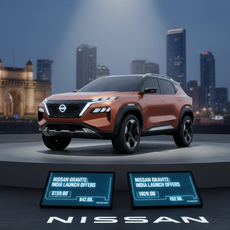 A professional image of the Nissan Gravite SUV with digital displays showing launch offers, set against a blurred Indian city background.