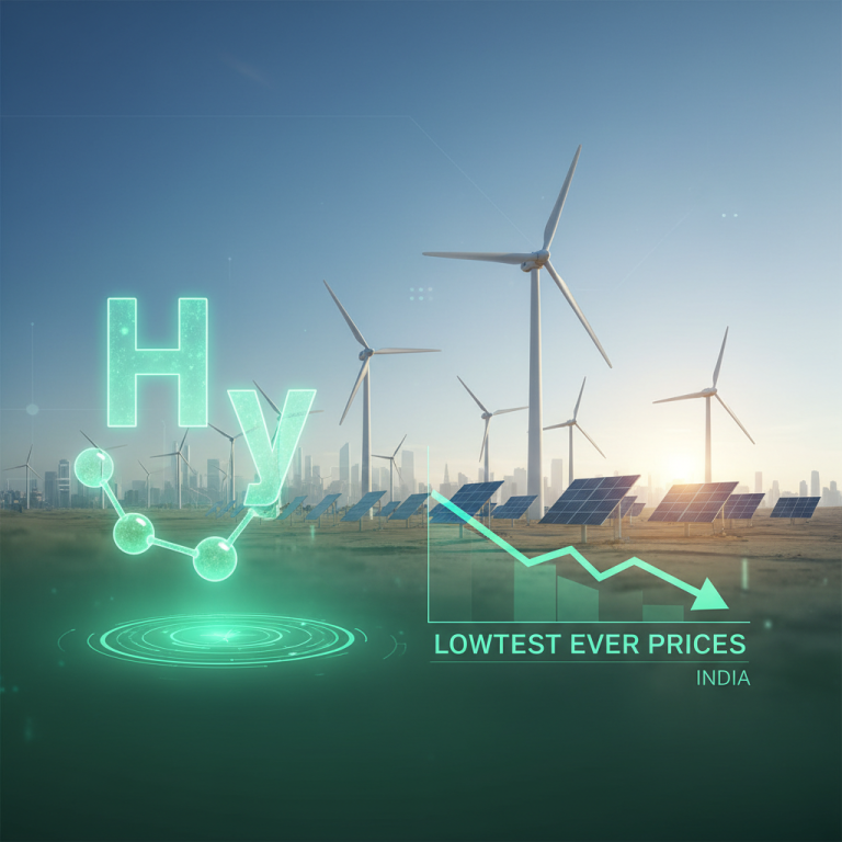 Green hydrogen symbol with wind turbines, solar panels, and a downward trend graph indicating lowest prices.