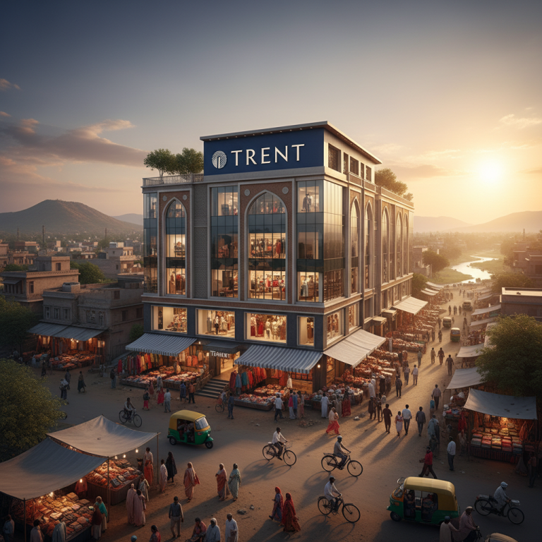 A modern Trent store stands prominently in a lively, traditional small-town Indian market at sunset, with shoppers and vendors.