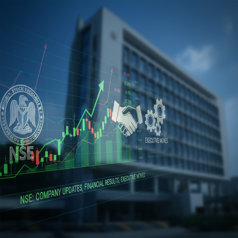 A professional image representing the Nigerian Stock Exchange (NSE) with financial graphs and business icons.