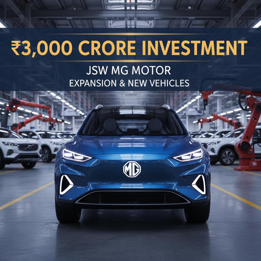 A modern blue electric car with the MG logo at the front in a futuristic factory with robotic arms.