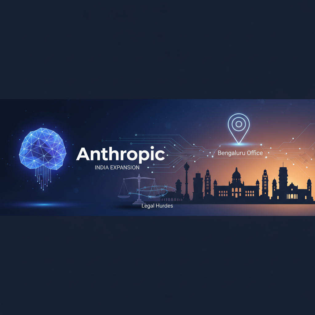 Digital illustration showing "Anthropic INDIA EXPANSION Bengaluru Office" with a brain icon, scales of justice, and a city skyline at sunset.