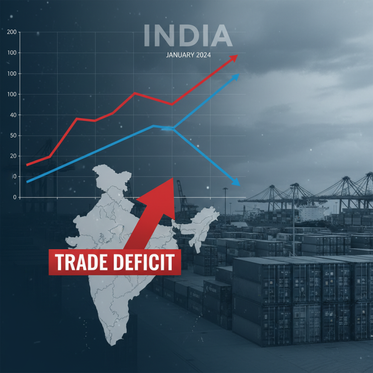 A professional image illustrating India's widening trade deficit with a graph, map, and port scene.