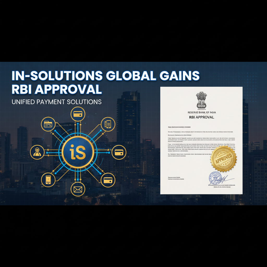 An image featuring the headline "In-Solutions Global Gains RBI Approval" with a document from the Reserve Bank of India.