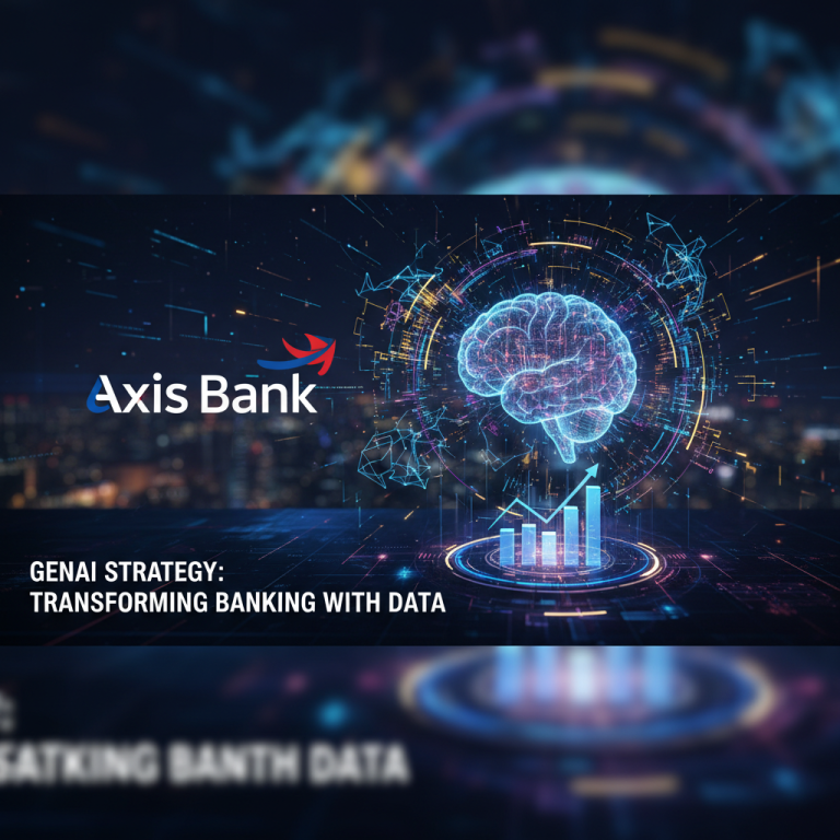 A digital brain, data lines, growth graph, Axis Bank logo, and the title "GenAI Strategy: Transforming Banking with Data."