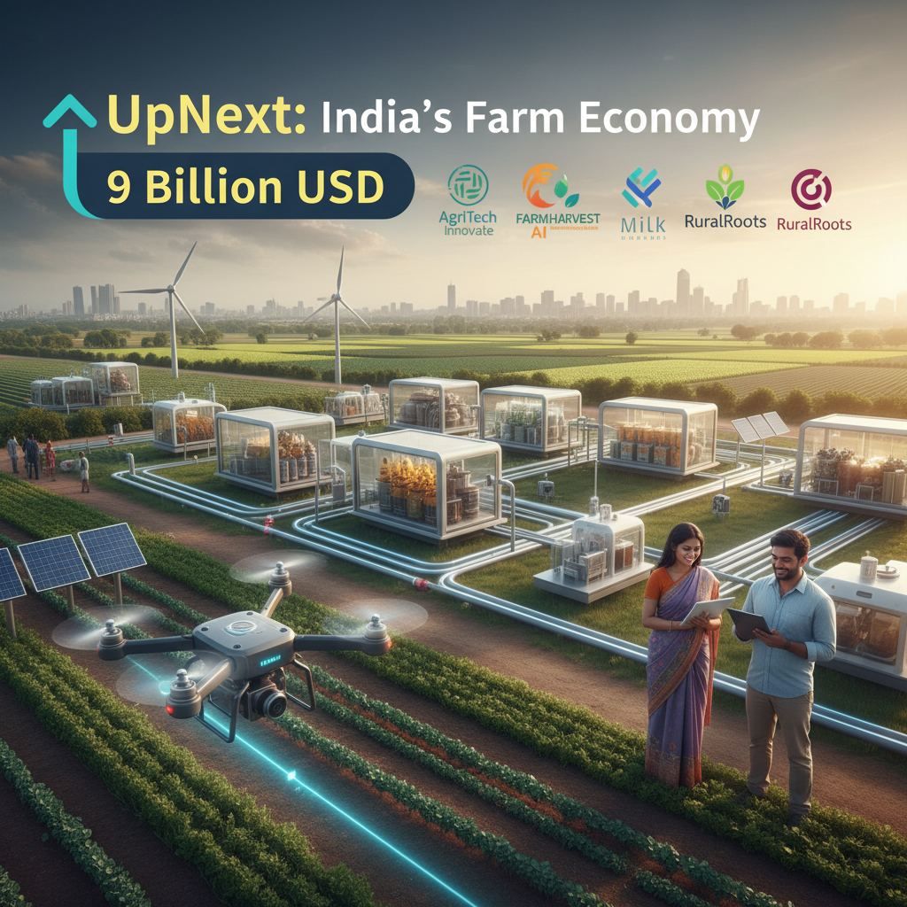 A drone flying over a modern farm in India, with solar panels, wind turbines, and smart farming modules.