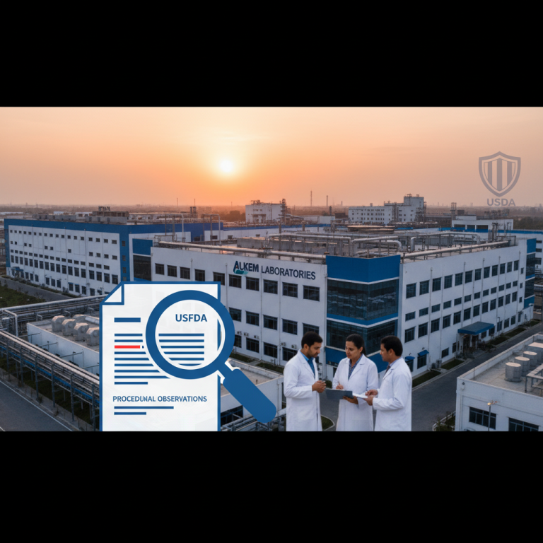 Alkem Laboratories facility with USFDA inspection documents and scientists, reflecting a professional pharma manufacturing environment.