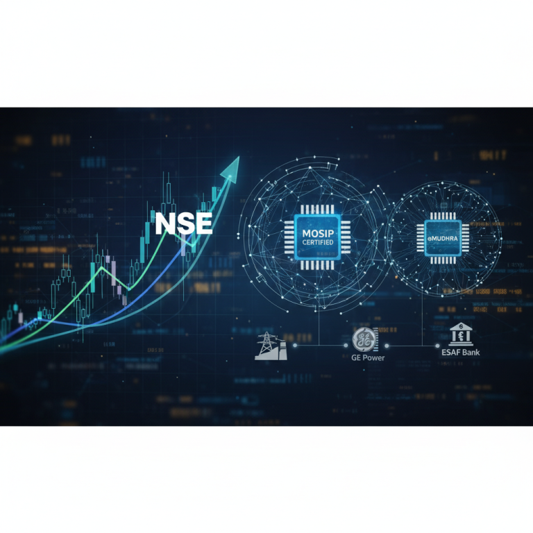 Digital representation of financial growth and technology integration with logos for NSE, MOSIP, eMudhra, GE Power, and ESAF Bank.