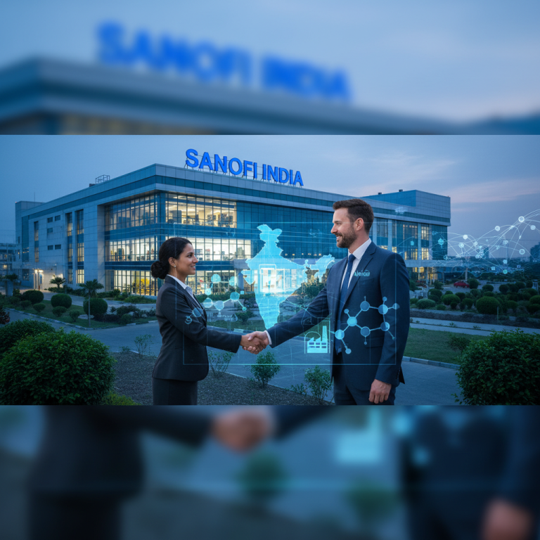 Two professionals shaking hands in front of a Sanofi India building with a futuristic overlay of the Indian map and pharmaceutical symbols.