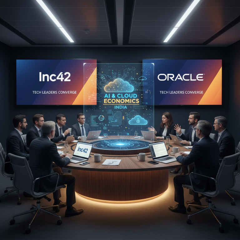 A professional meeting with tech leaders around a table, discussing AI and cloud economics with branded screens.