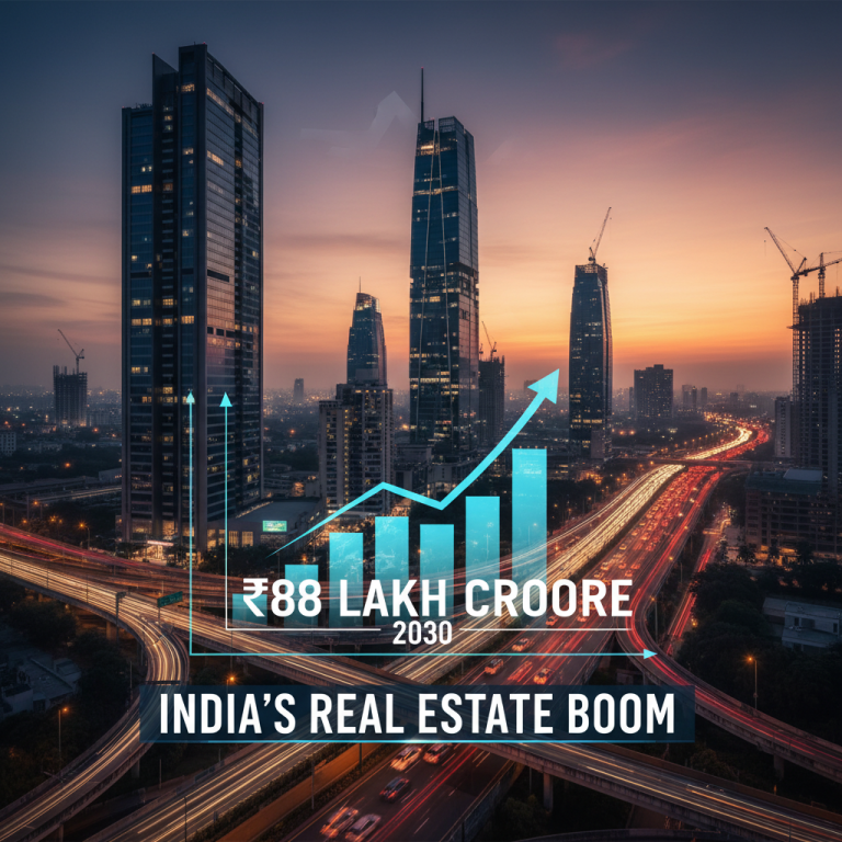 An aerial shot of a modern city skyline at dusk, with highways bustling with traffic and a digital bar graph overlaid.