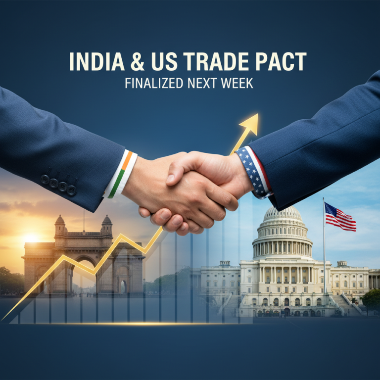 Two hands, one with an Indian flag cufflink and the other with an American flag cufflink, shaking hands.