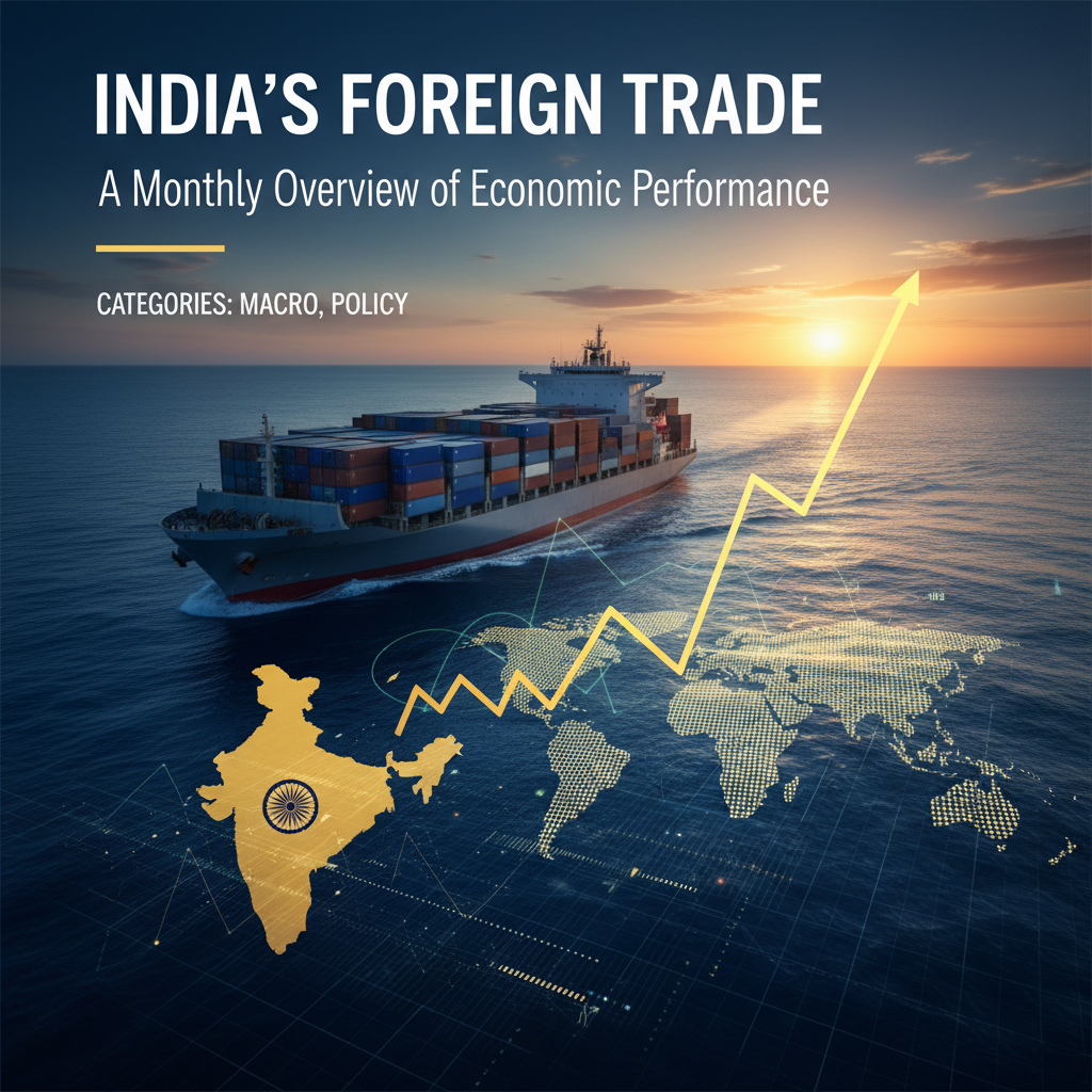 A container ship at sunset with an upward trending graph and maps of India and the world.
