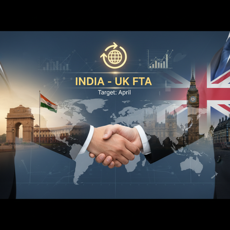 Professional image symbolizing India-UK Free Trade Agreement with flags, landmarks, and a handshake over a world map.