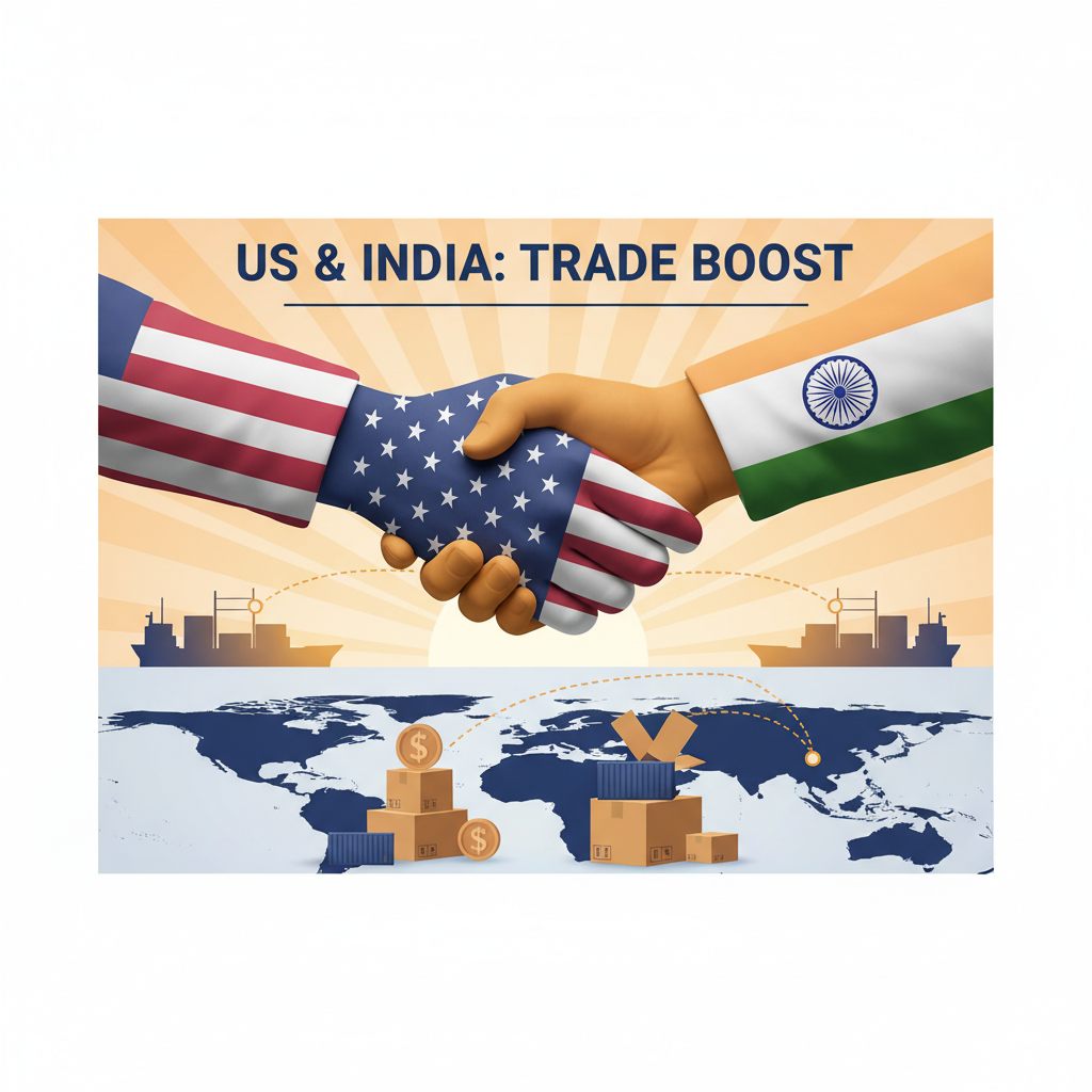 A handshake between hands draped in US and Indian flags, symbolizing trade relations.