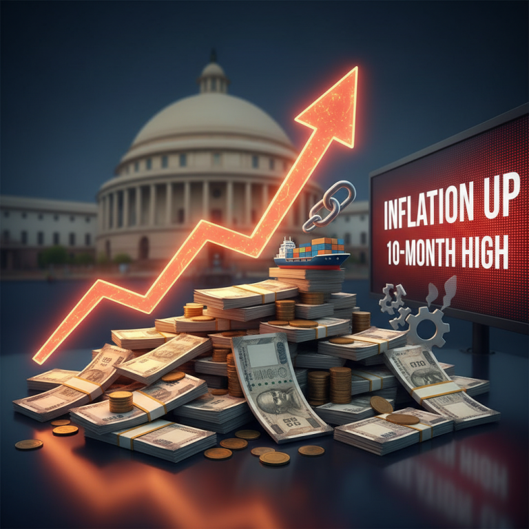 A visual metaphor for rising inflation in India, featuring currency, charts, and relevant economic symbols.