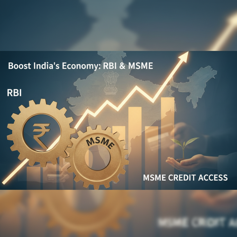 Conceptual image showing gears labeled 'RBI' and 'MSME' with an upward-trending arrow over a map of India.