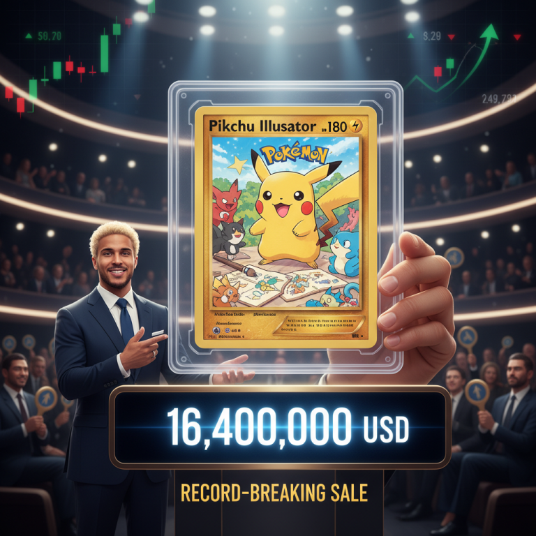 A man in a suit points to a large, framed Pikachu Illustrator card, with "16,400,000 USD" below.