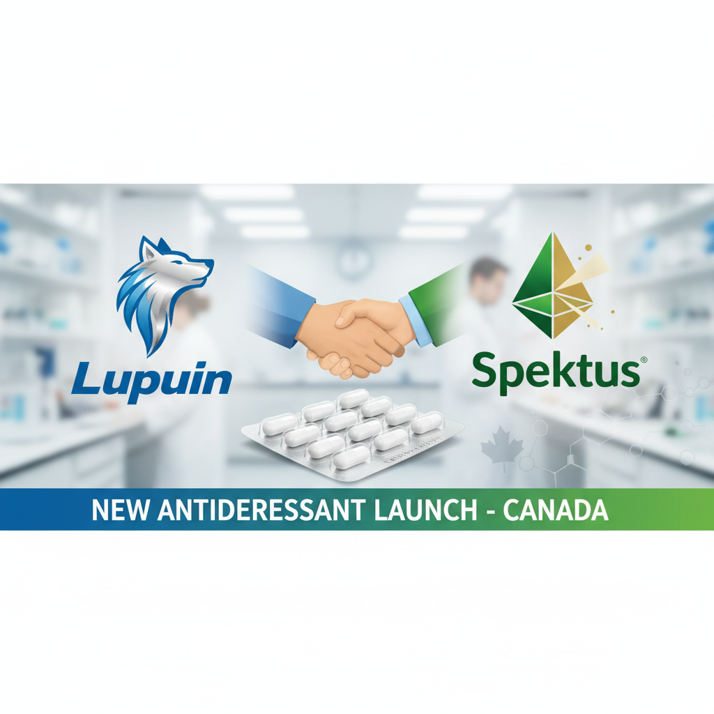 A handshake between two corporate entities, with logos for Lupin and Spektus, and a blister pack of pills.