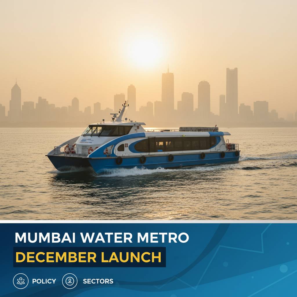A modern blue and white water metro ferry moving on water with a city skyline in the background at sunset.