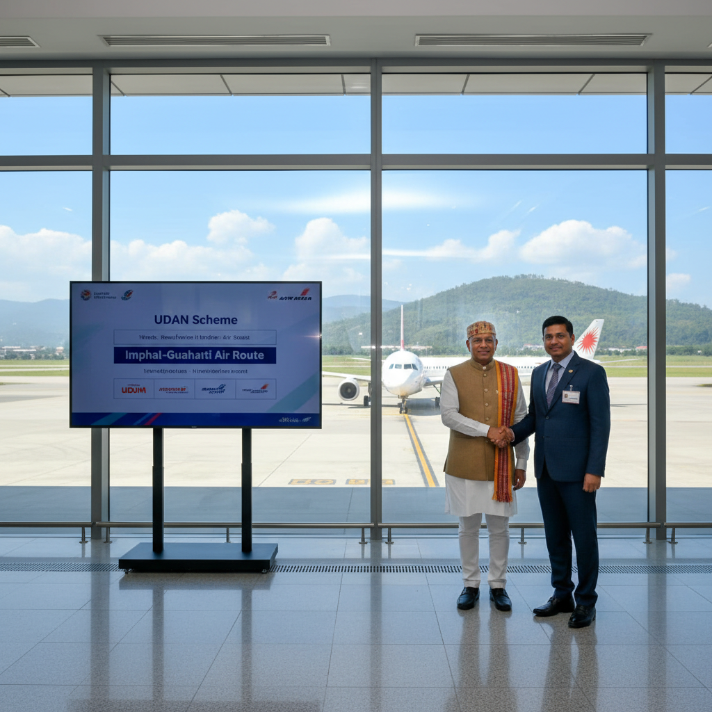 Two men shake hands in front of an airport window overlooking a plane, with a screen displaying "UDAN Scheme" and "Imphal-Guwahati Air Route".