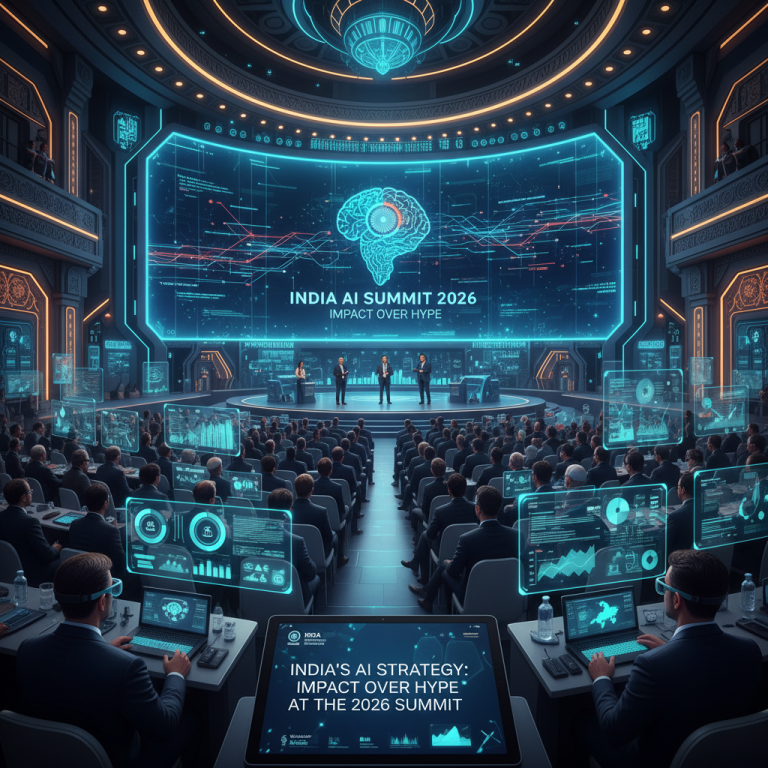 A high-tech conference hall with a large screen displaying "INDIA AI SUMMIT 2026 IMPACT OVER HYPE."