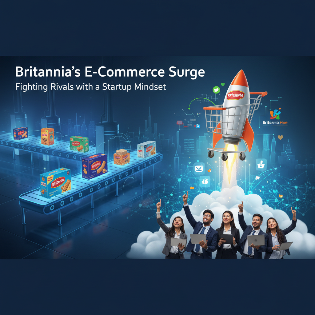 A rocket-powered shopping cart takes off with business people watching, symbolizing e-commerce growth.