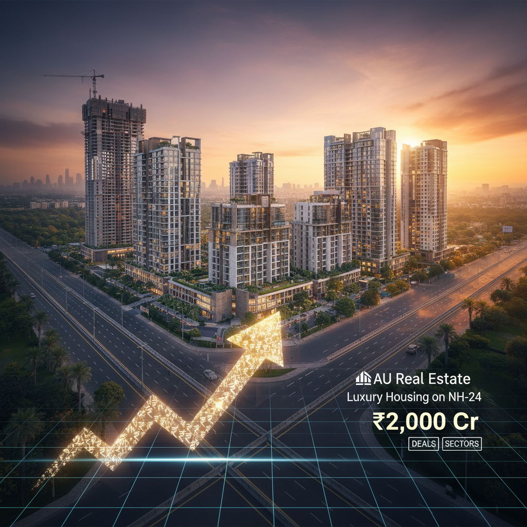 A modern cityscape with luxury residential buildings and an upward-trending arrow overlaid, symbolizing growth in real estate.